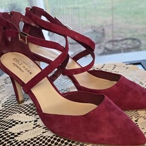 Cole Haan Juliana Burgandy Suede Strappy Pointed Toe Pumps Gold Details size 6B